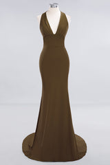 Mermaid Halter V-Neck Dark Green Chiffon Bridesmaid Dress with Open Back-Babyonlines
