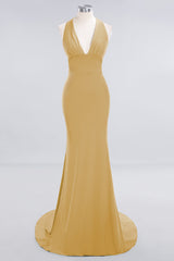 Mermaid Halter V-Neck Dark Green Chiffon Bridesmaid Dress with Open Back-Babyonlines