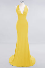 Mermaid Halter V-Neck Dark Green Chiffon Bridesmaid Dress with Open Back-Babyonlines