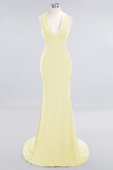 Mermaid Halter V-Neck Dark Green Chiffon Bridesmaid Dress with Open Back-Babyonlines