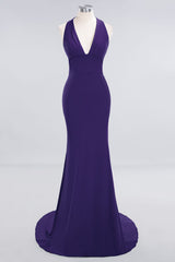 Mermaid Halter V-Neck Dark Green Chiffon Bridesmaid Dress with Open Back-Babyonlines