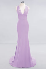 Mermaid Halter V-Neck Dark Green Chiffon Bridesmaid Dress with Open Back-Babyonlines