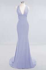 Mermaid Halter V-Neck Dark Green Chiffon Bridesmaid Dress with Open Back-Babyonlines