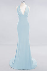 Mermaid Halter V-Neck Dark Green Chiffon Bridesmaid Dress with Open Back-Babyonlines