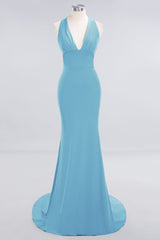 Mermaid Halter V-Neck Dark Green Chiffon Bridesmaid Dress with Open Back-Babyonlines