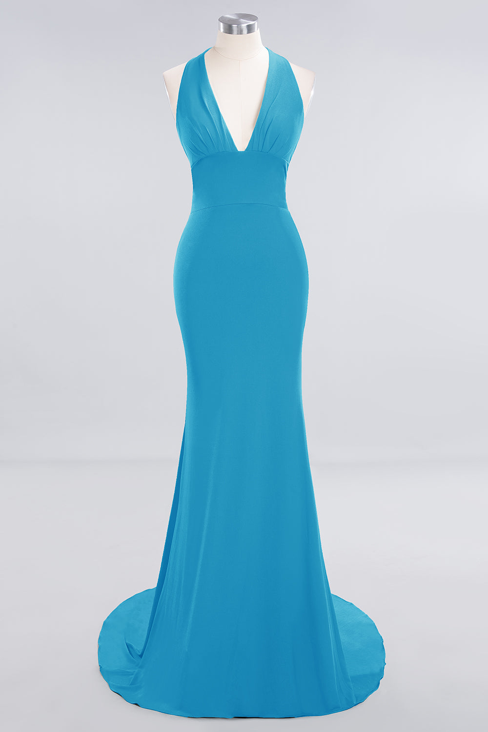 Mermaid Halter V-Neck Dark Green Chiffon Bridesmaid Dress with Open Back-Babyonlines