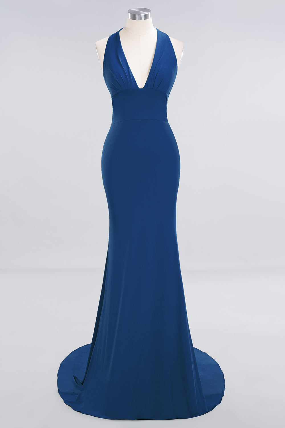 Mermaid Halter V-Neck Dark Green Chiffon Bridesmaid Dress with Open Back-Babyonlines