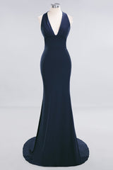 Mermaid Halter V-Neck Dark Green Chiffon Bridesmaid Dress with Open Back-Babyonlines