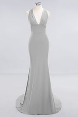 Mermaid Halter V-Neck Dark Green Chiffon Bridesmaid Dress with Open Back-Babyonlines