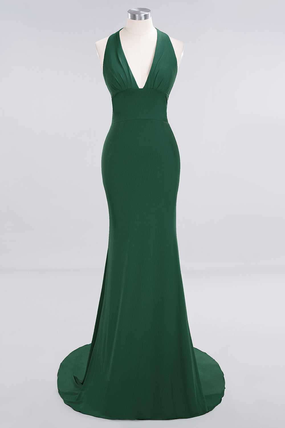 Mermaid Halter V-Neck Dark Green Chiffon Bridesmaid Dress with Open Back-Babyonlines