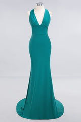 Mermaid Halter V-Neck Dark Green Chiffon Bridesmaid Dress with Open Back-Babyonlines