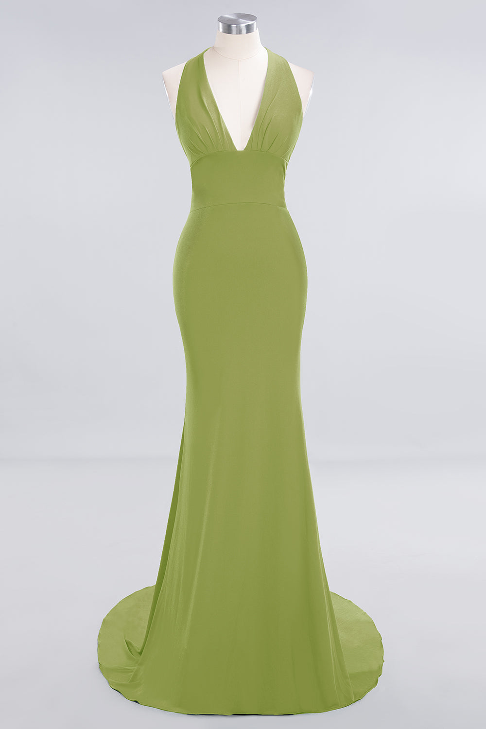 Mermaid Halter V-Neck Dark Green Chiffon Bridesmaid Dress with Open Back-Babyonlines