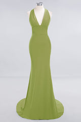 Mermaid Halter V-Neck Dark Green Chiffon Bridesmaid Dress with Open Back-Babyonlines