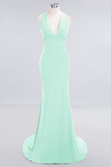 Mermaid Halter V-Neck Dark Green Chiffon Bridesmaid Dress with Open Back-Babyonlines