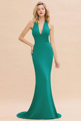 Mermaid Halter V-Neck Dark Green Chiffon Bridesmaid Dress with Open Back-Babyonlines
