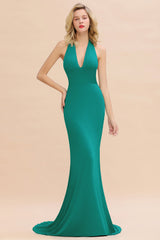 Mermaid Halter V-Neck Dark Green Chiffon Bridesmaid Dress with Open Back-Babyonlines