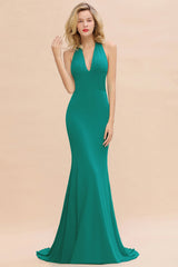 Mermaid Halter V-Neck Dark Green Chiffon Bridesmaid Dress with Open Back-Babyonlines