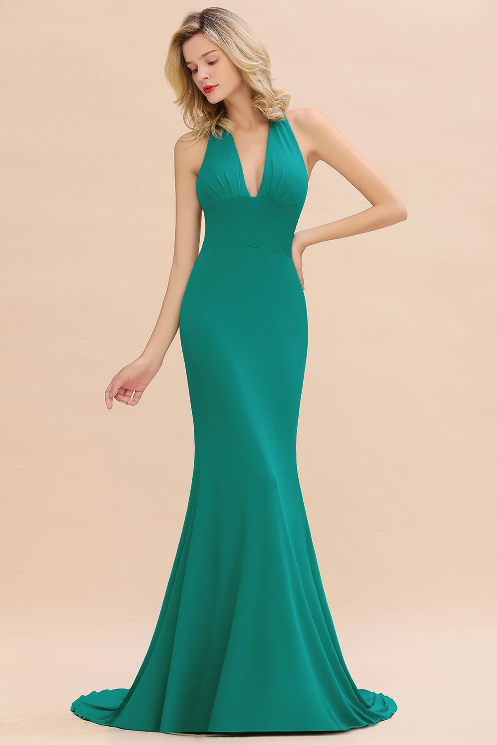Mermaid Halter V-Neck Dark Green Chiffon Bridesmaid Dress with Open Back-Babyonlines