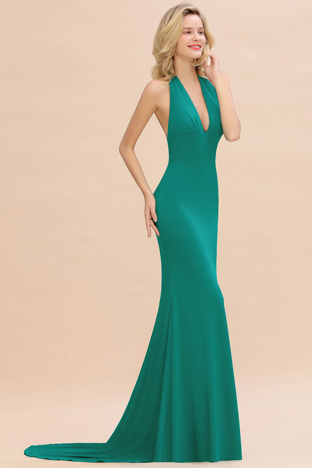 Mermaid Halter V-Neck Dark Green Chiffon Bridesmaid Dress with Open Back-Babyonlines