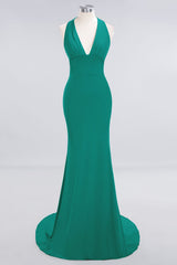 Mermaid Halter V-Neck Dark Green Chiffon Bridesmaid Dress with Open Back-Babyonlines