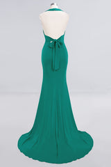 Mermaid Halter V-Neck Dark Green Chiffon Bridesmaid Dress with Open Back-Babyonlines