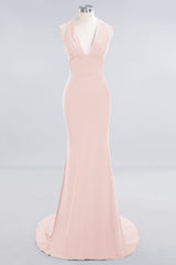 Mermaid Halter V-Neck Dark Green Chiffon Bridesmaid Dress with Open Back-Babyonlines