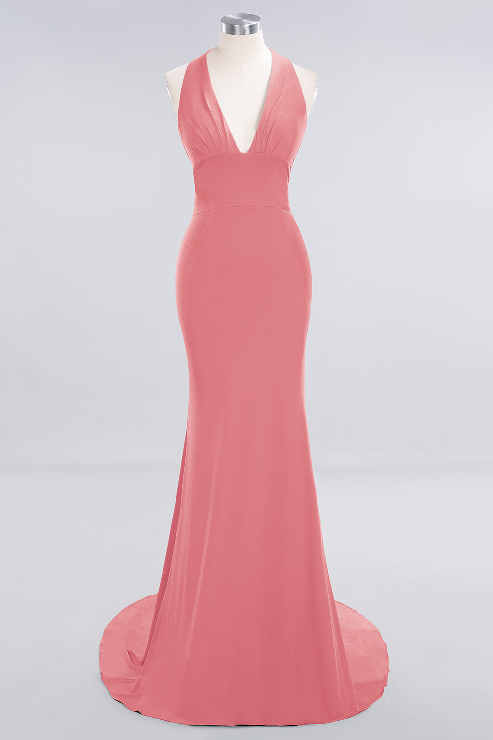 Mermaid Halter V-Neck Dark Green Chiffon Bridesmaid Dress with Open Back-Babyonlines