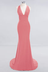 Mermaid Halter V-Neck Dark Green Chiffon Bridesmaid Dress with Open Back-Babyonlines