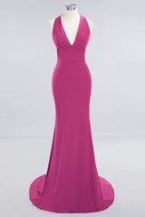 Mermaid Halter V-Neck Dark Green Chiffon Bridesmaid Dress with Open Back-Babyonlines