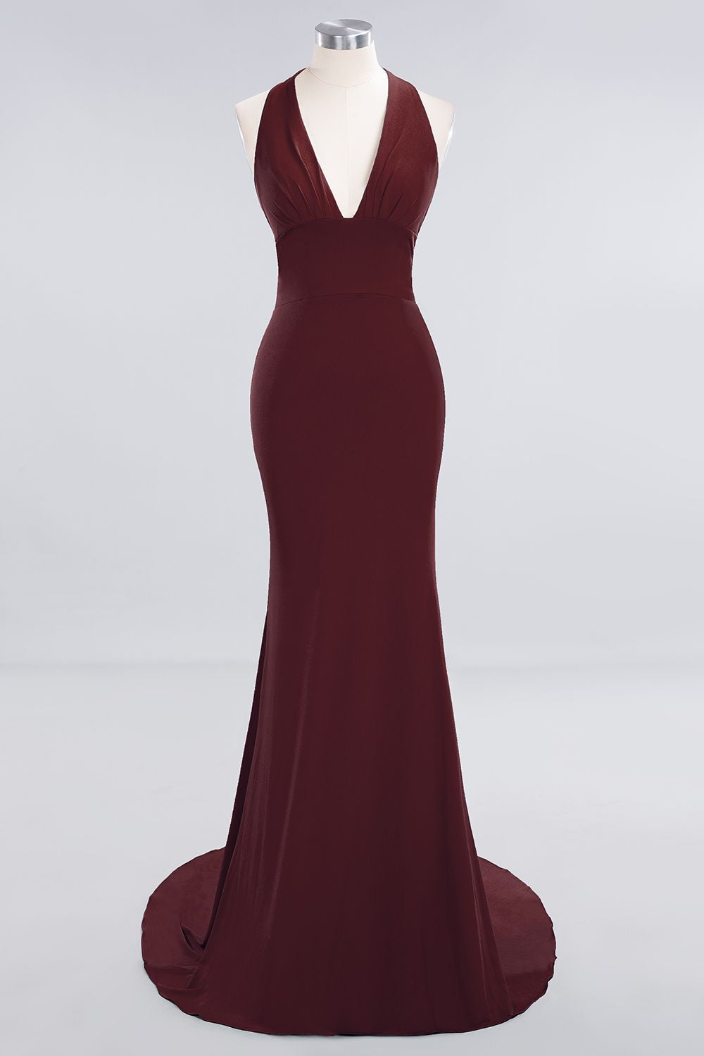 Mermaid Halter V-Neck Dark Green Chiffon Bridesmaid Dress with Open Back-Babyonlines