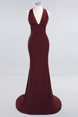 Mermaid Halter V-Neck Dark Green Chiffon Bridesmaid Dress with Open Back-Babyonlines