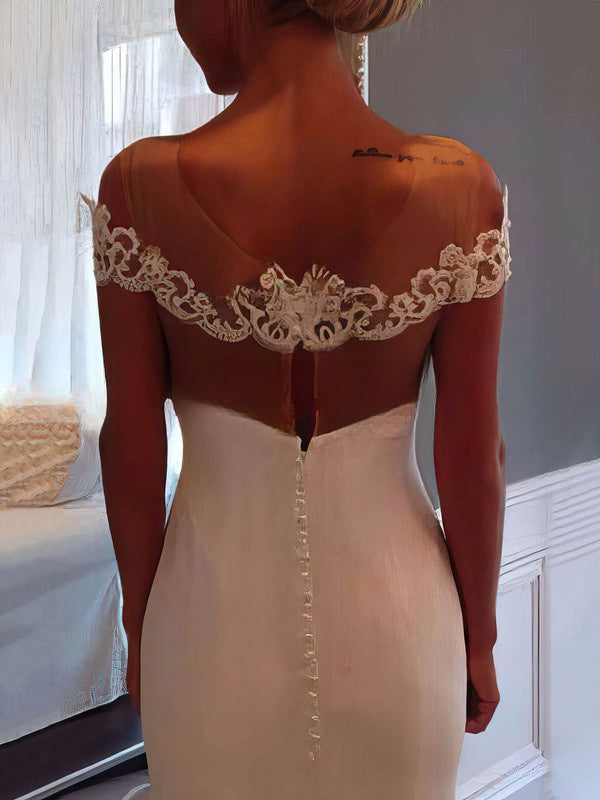 Mermaid Illusion Satin Sweep Train Wedding Dress with Appliques Lace