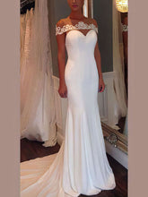 Mermaid Illusion Satin Sweep Train Wedding Dress with Appliques Lace