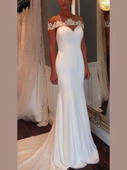 Mermaid Illusion Satin Sweep Train Wedding Dress with Appliques Lace
