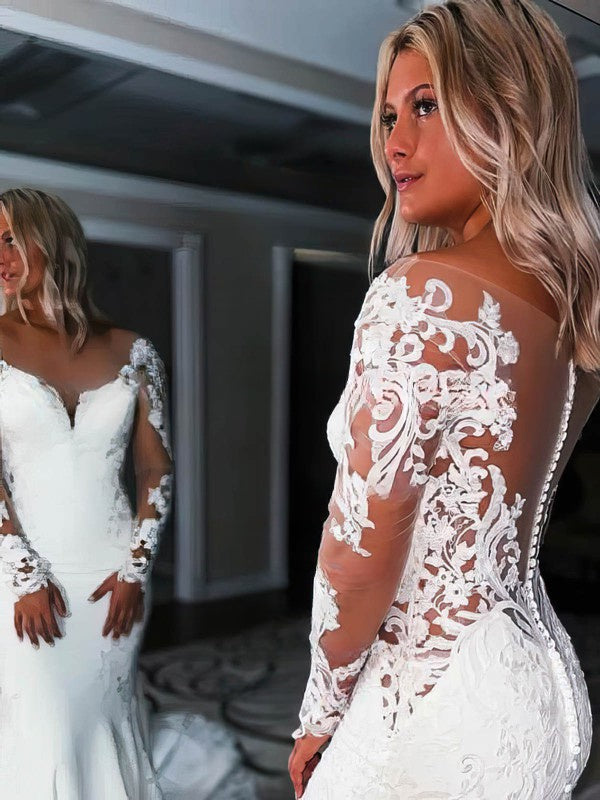 Mermaid Illusion Stretch Crepe Court Train Wedding Dress With Appliques Lace