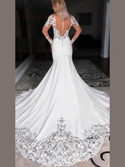 Mermaid Illusion Stretch Crepe Court Train Wedding Dress With Appliques Lace