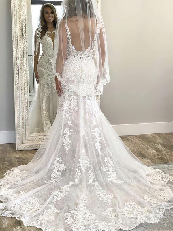 Mermaid Illusion Tulle Sweep Train Wedding Dress With Appliques Lace