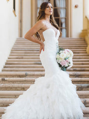Mermaid Illusion Tulle Sweep Train Wedding Dress with Cascading Ruffles