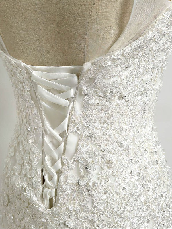 Mermaid Illusion Tulle Wedding Dresses With Appliques Lace - Trumpet Sweep Train