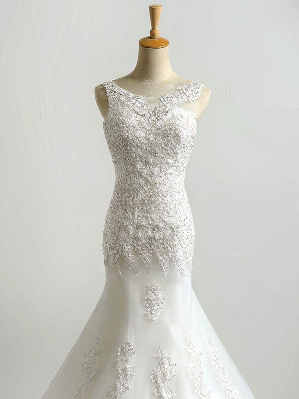 Mermaid Illusion Tulle Wedding Dresses With Appliques Lace - Trumpet Sweep Train