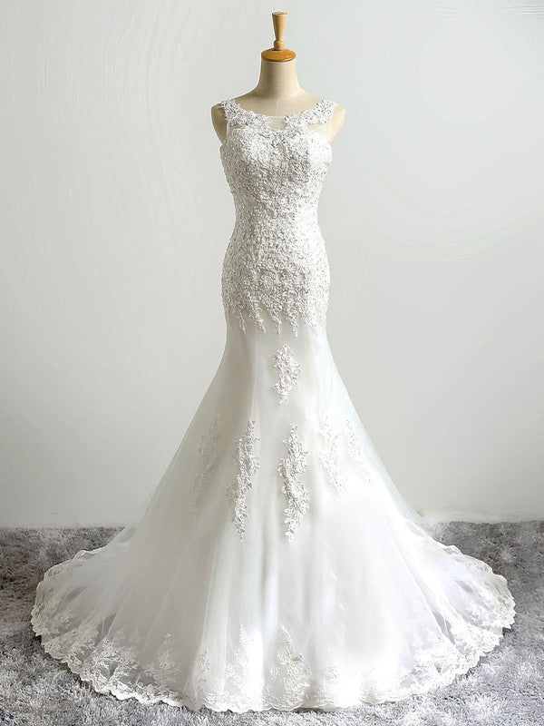 Mermaid Illusion Tulle Wedding Dresses With Appliques Lace - Trumpet Sweep Train