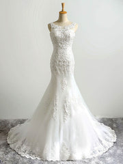 Mermaid Illusion Tulle Wedding Dresses With Appliques Lace - Trumpet Sweep Train