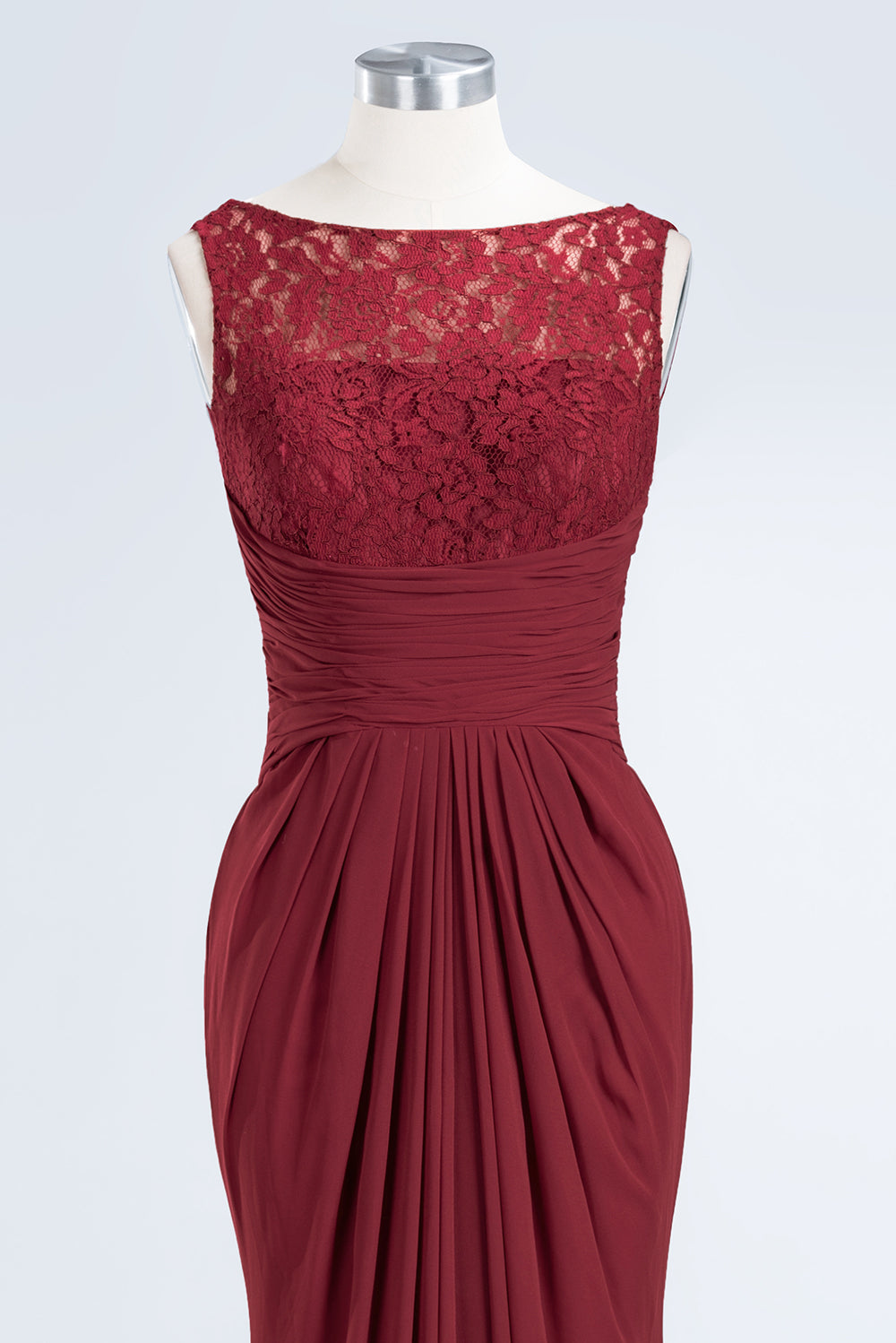 Mermaid Scoop Sleeveless Lace Burgundy Bridesmaid Dresses with Pleats-Babyonlines
