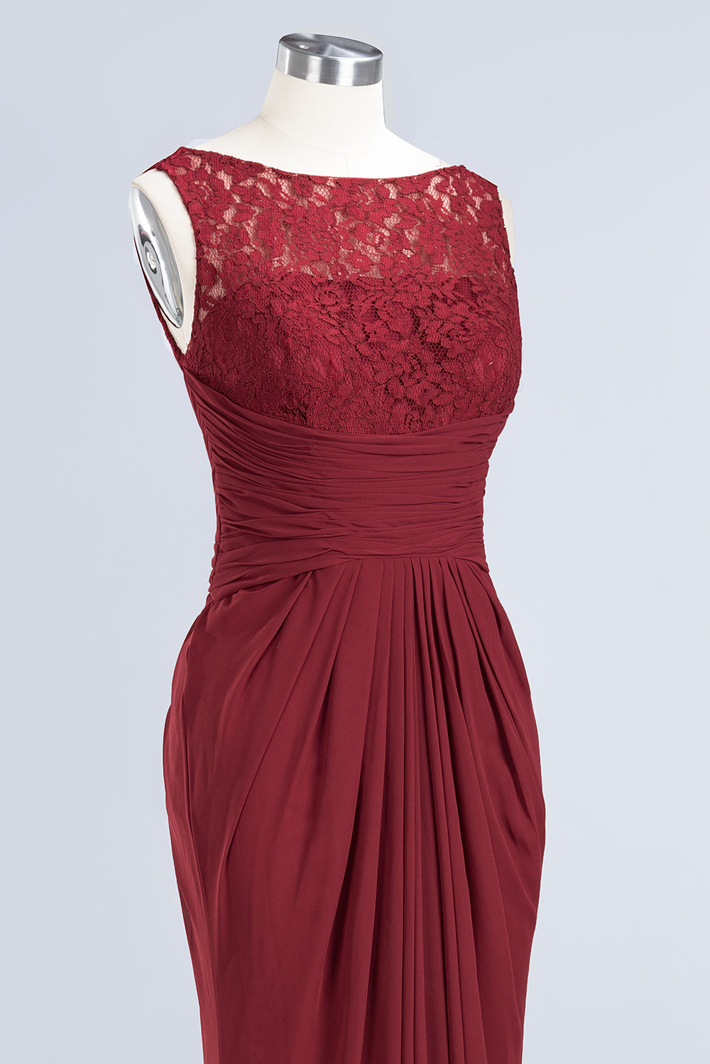 Mermaid Scoop Sleeveless Lace Burgundy Bridesmaid Dresses with Pleats-Babyonlines