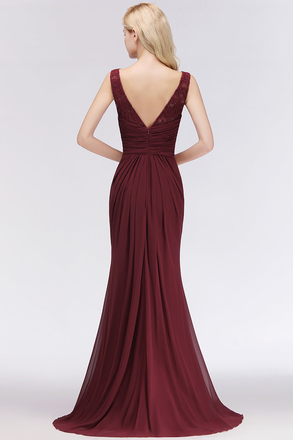 Mermaid Scoop Sleeveless Lace Burgundy Bridesmaid Dresses with Pleats-Babyonlines
