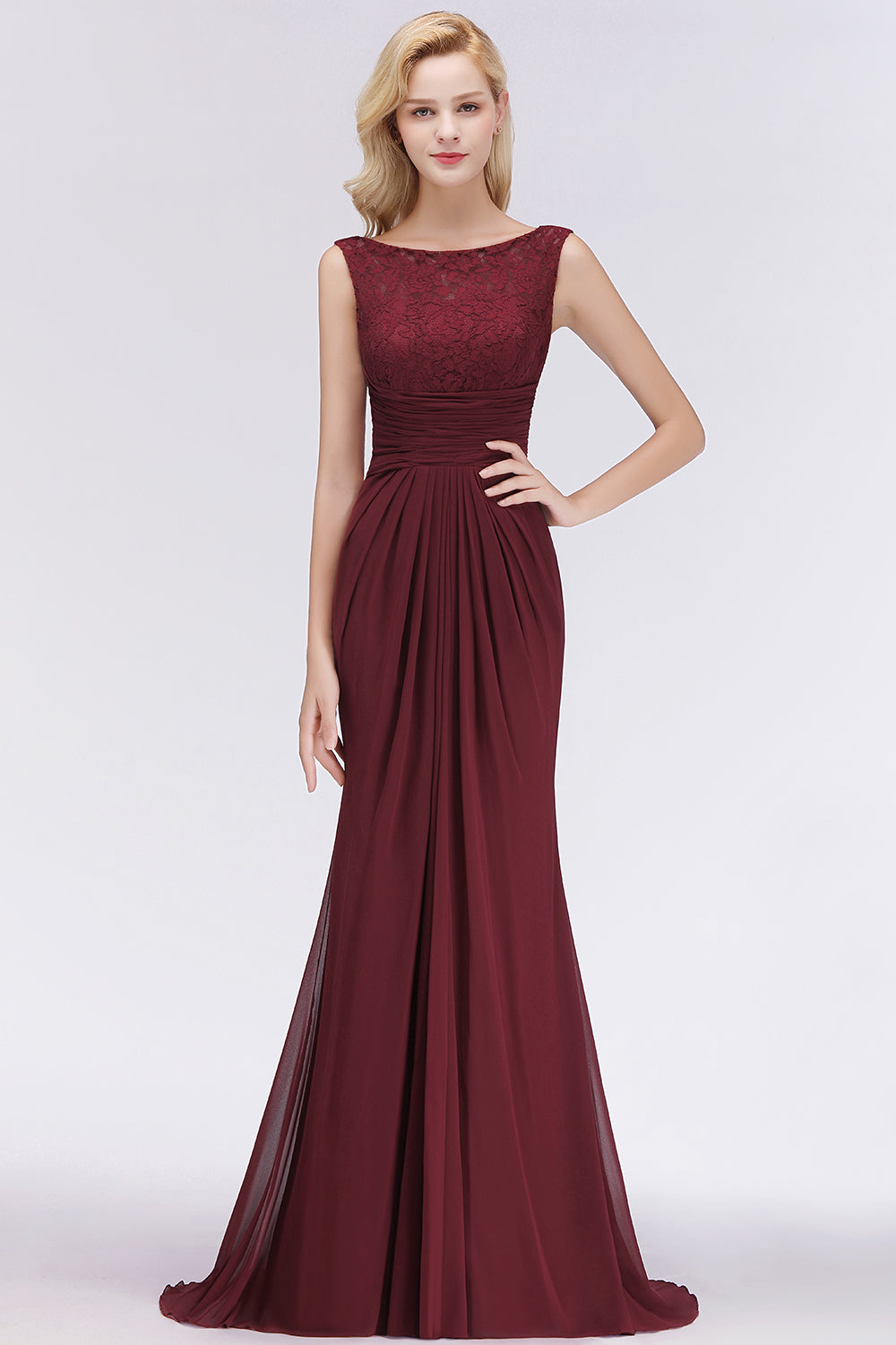 Mermaid Scoop Sleeveless Lace Burgundy Bridesmaid Dresses with Pleats-Babyonlines