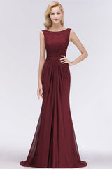 Mermaid Scoop Sleeveless Lace Burgundy Bridesmaid Dresses with Pleats-Babyonlines