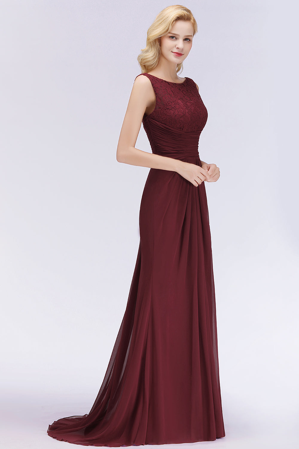 Mermaid Scoop Sleeveless Lace Burgundy Bridesmaid Dresses with Pleats-Babyonlines