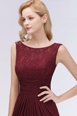 Mermaid Scoop Sleeveless Lace Burgundy Bridesmaid Dresses with Pleats-Babyonlines
