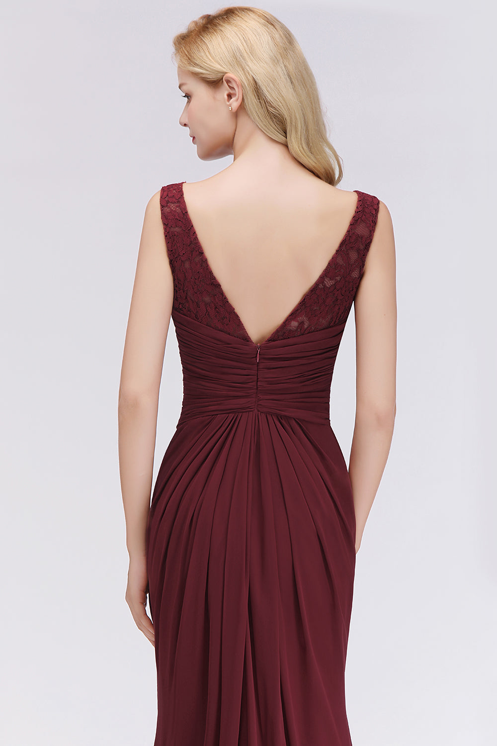 Mermaid Scoop Sleeveless Lace Burgundy Bridesmaid Dresses with Pleats-Babyonlines